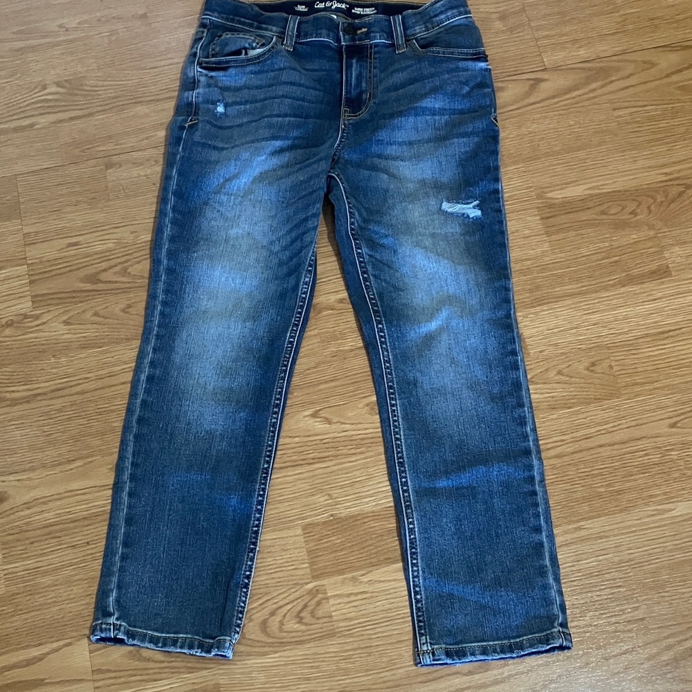 Cat & Jack Boys Slim Super Stretch Sz 12 Distressed 5 Pocket Jeans